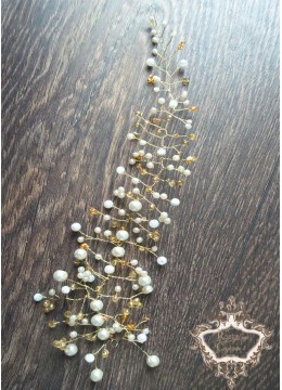 Украса за коса за булка и абитуриентка с перли и кристали в бяло и златно Gold Touch